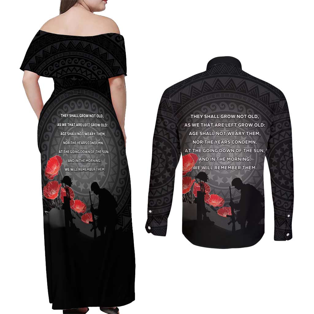 Cook Islands ANZAC Day Couples Matching Off Shoulder Maxi Dress and Long Sleeve Button Shirt Soldier Silhouette Remembrance LT05 - Polynesian Pride