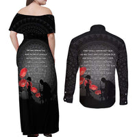 Cook Islands ANZAC Day Couples Matching Off Shoulder Maxi Dress and Long Sleeve Button Shirt Soldier Silhouette Remembrance LT05 - Polynesian Pride