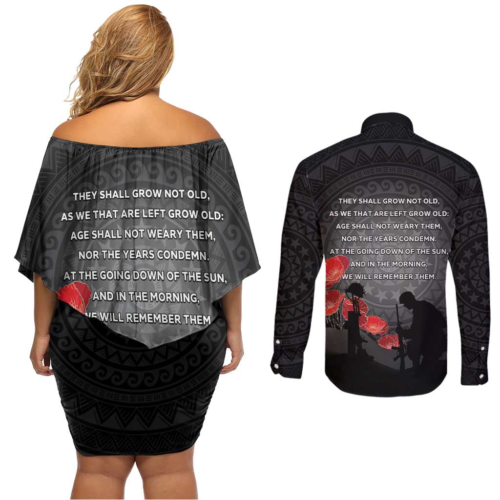 Cook Islands ANZAC Day Couples Matching Off Shoulder Short Dress and Long Sleeve Button Shirt Soldier Silhouette Remembrance LT05 - Polynesian Pride