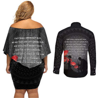 Cook Islands ANZAC Day Couples Matching Off Shoulder Short Dress and Long Sleeve Button Shirt Soldier Silhouette Remembrance LT05 - Polynesian Pride