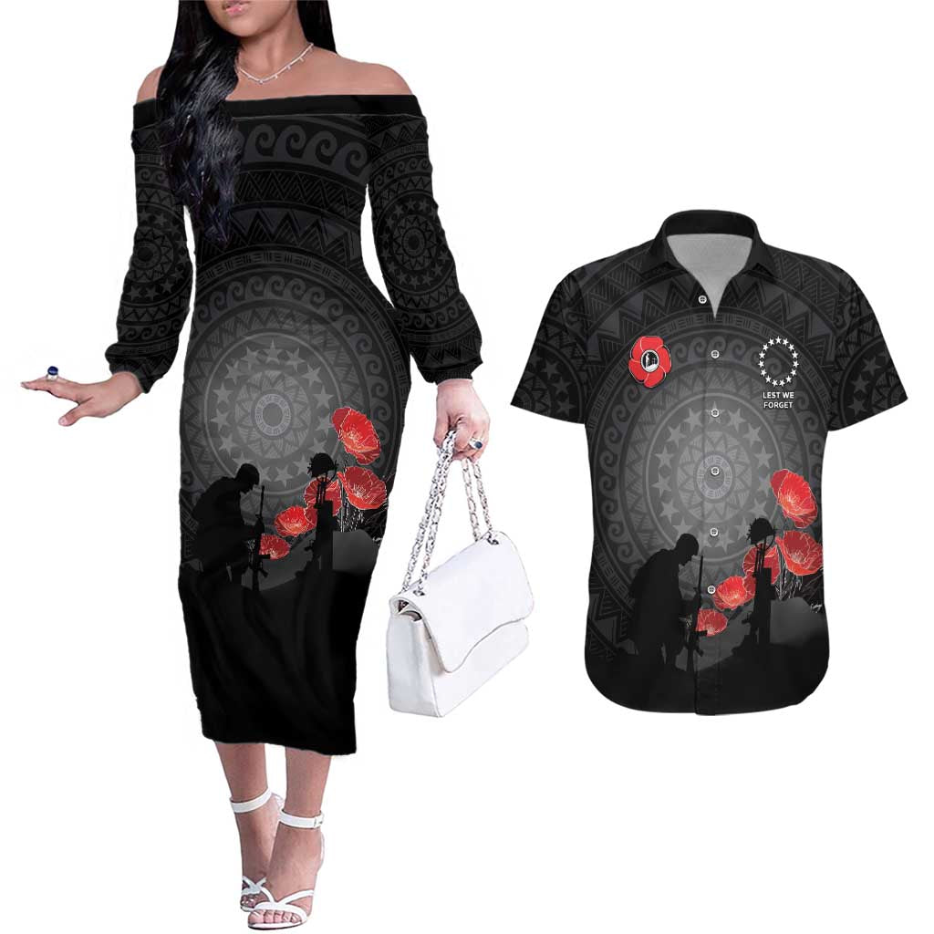 Cook Islands ANZAC Day Couples Matching Off The Shoulder Long Sleeve Dress and Hawaiian Shirt Soldier Silhouette Remembrance