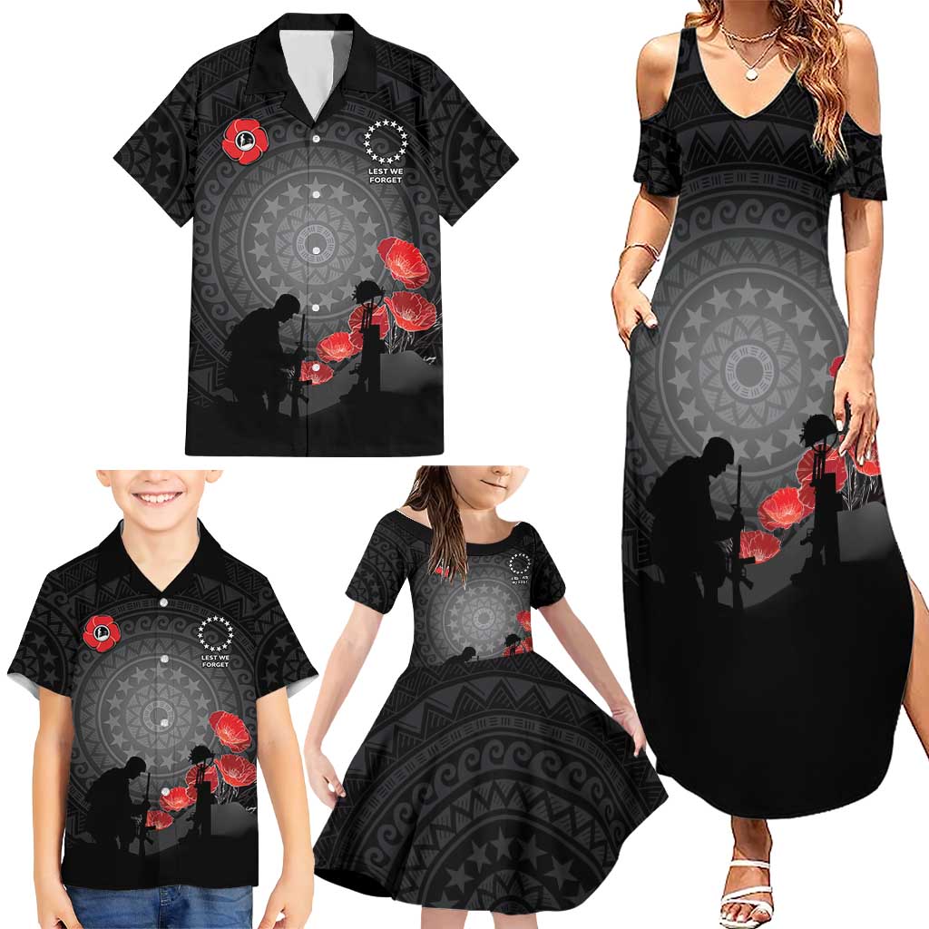 Cook Islands ANZAC Day Family Matching Summer Maxi Dress and Hawaiian Shirt Soldier Silhouette Remembrance