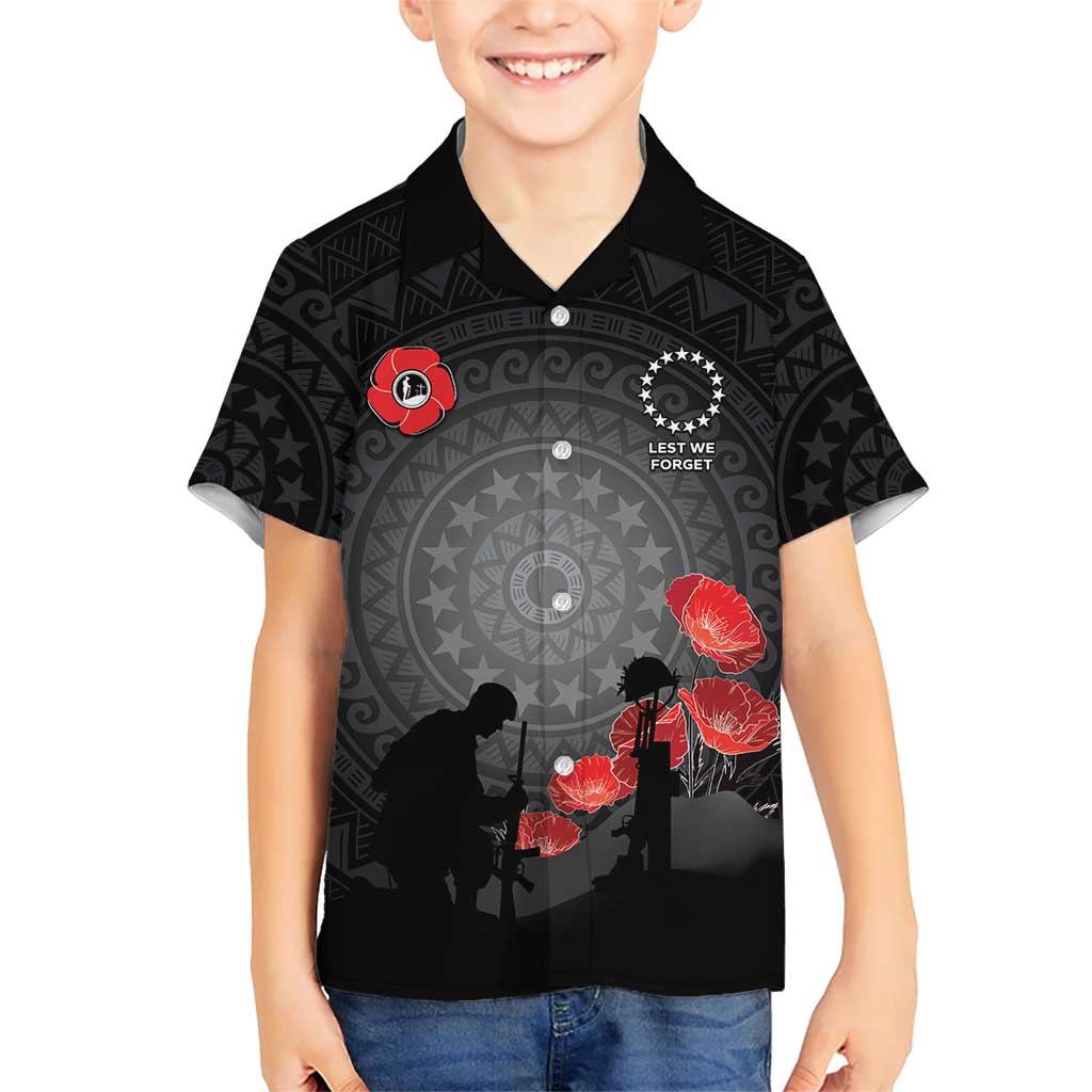 Cook Islands ANZAC Day Kid Hawaiian Shirt Soldier Silhouette Remembrance LT05 Kid Black - Polynesian Pride