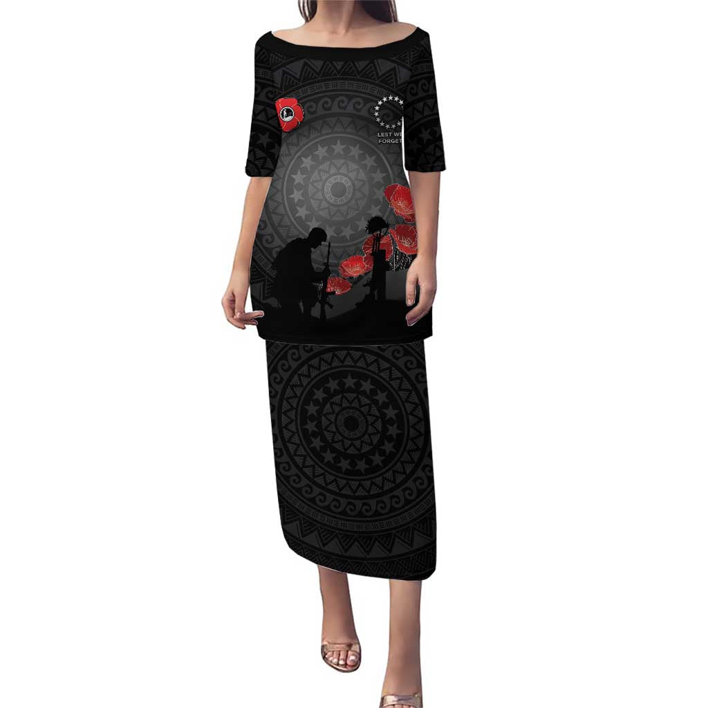 Cook Islands ANZAC Day Puletasi Soldier Silhouette Remembrance LT05 Long Dress Black - Polynesian Pride