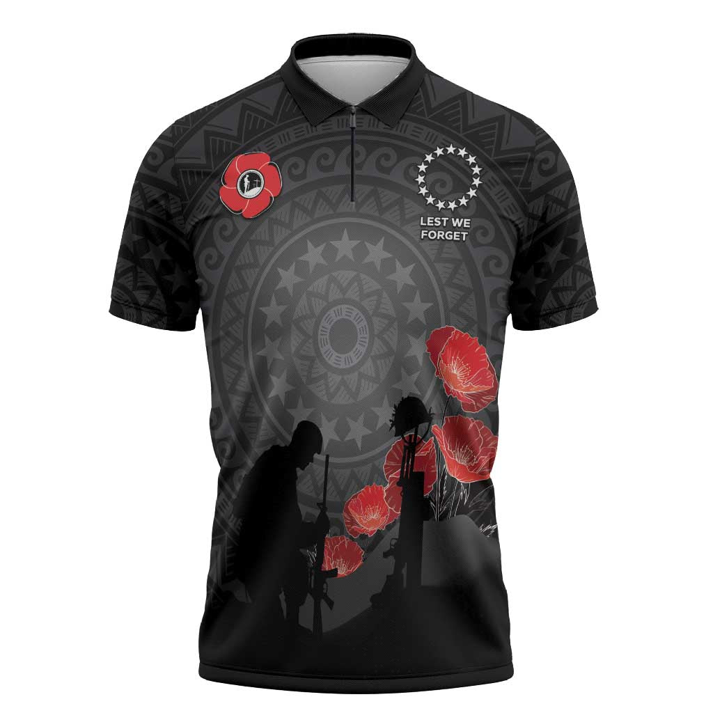 Cook Islands ANZAC Day Zipper Polo Shirt Soldier Silhouette Remembrance LT05 Black - Polynesian Pride