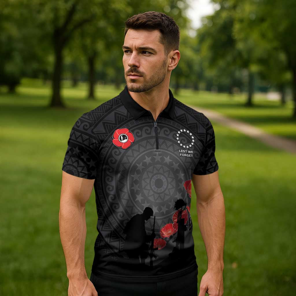 Cook Islands ANZAC Day Zipper Polo Shirt Soldier Silhouette Remembrance LT05 - Polynesian Pride