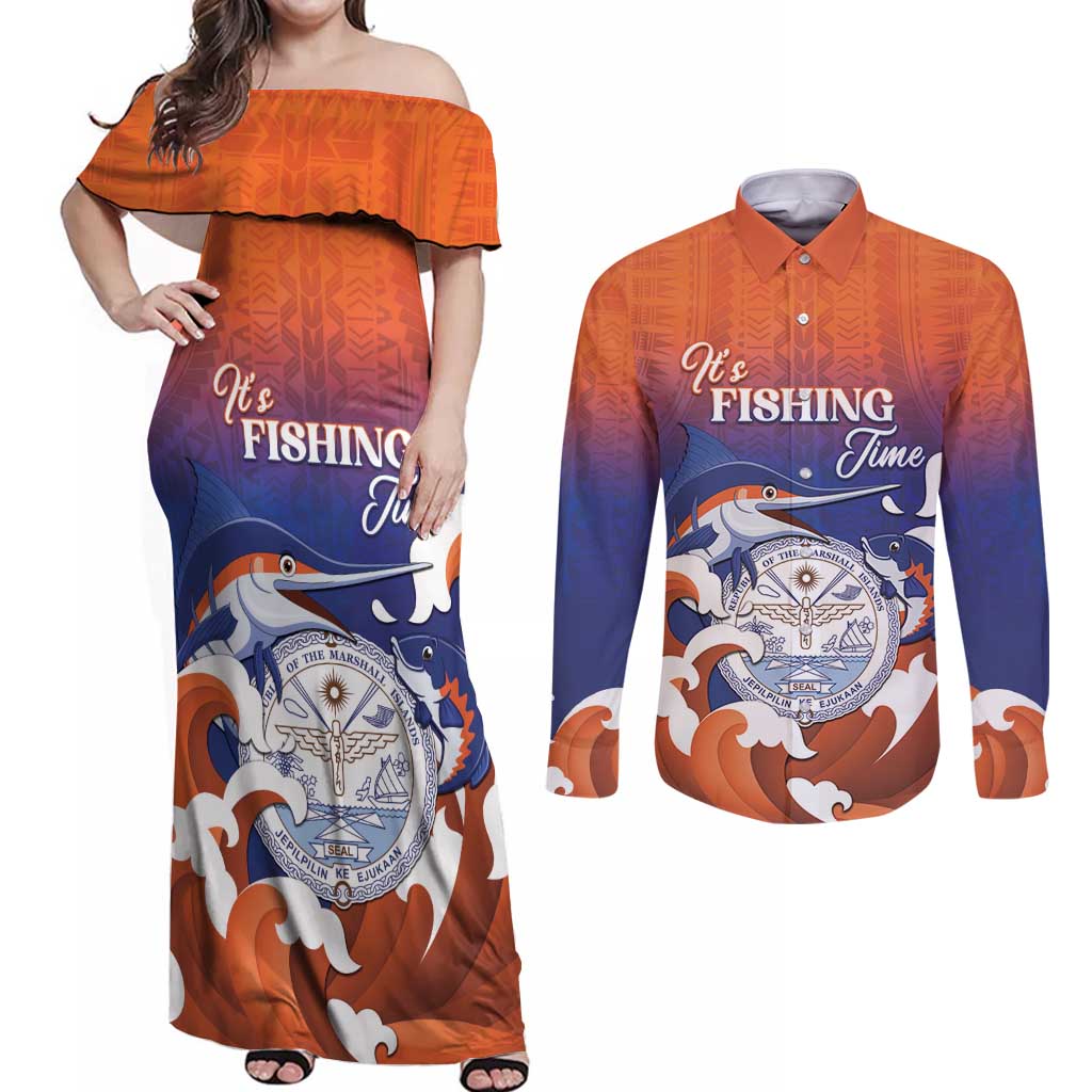 Marshall Islands Fishermen's Day Couples Matching Off Shoulder Maxi Dress and Long Sleeve Button Shirt It's Fishing Time LT05 Orange - Polynesian Pride
