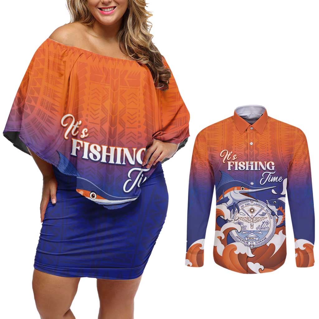 Marshall Islands Fishermen's Day Couples Matching Off Shoulder Short Dress and Long Sleeve Button Shirt It's Fishing Time LT05 Orange - Polynesian Pride