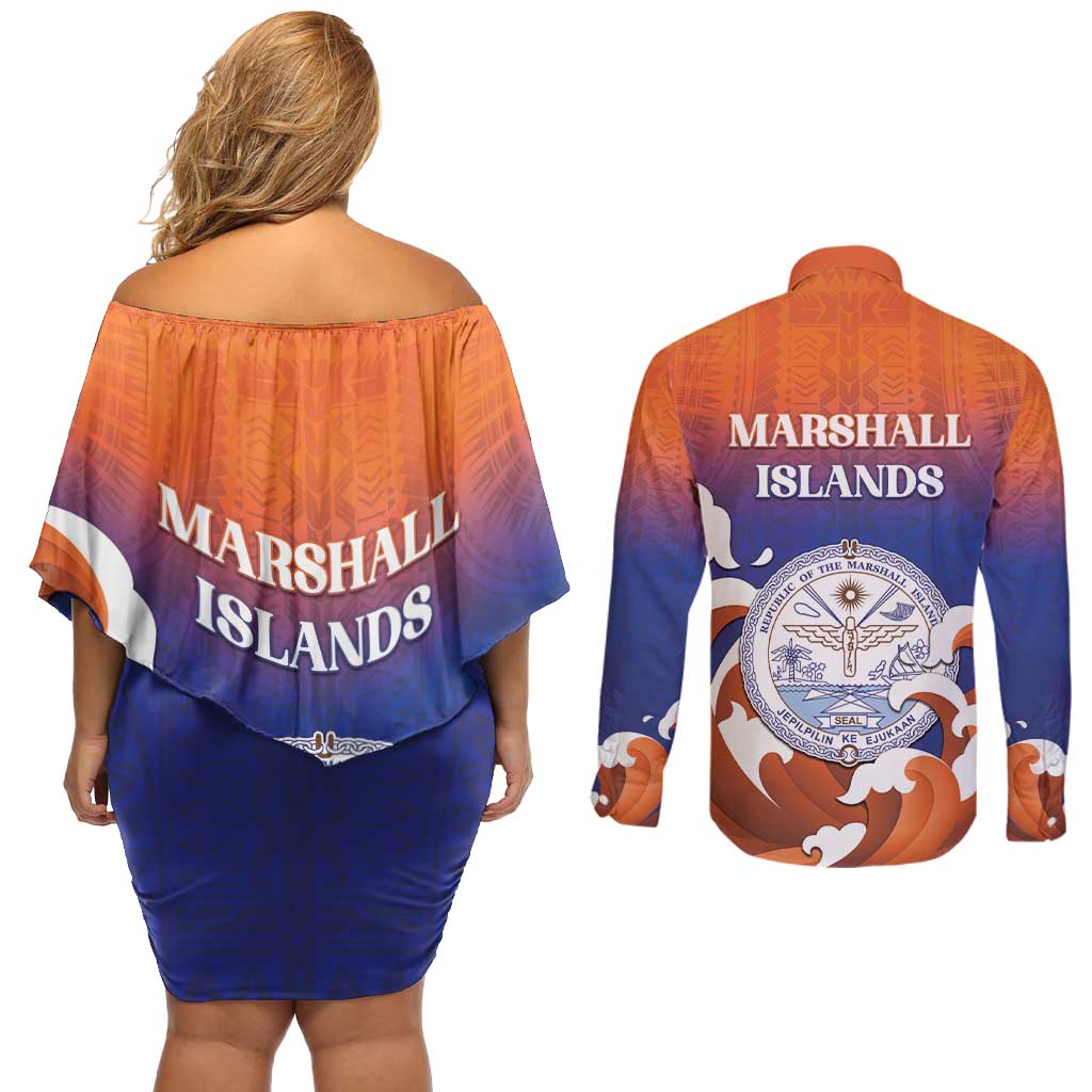 Marshall Islands Fishermen's Day Couples Matching Off Shoulder Short Dress and Long Sleeve Button Shirt It's Fishing Time LT05 - Polynesian Pride