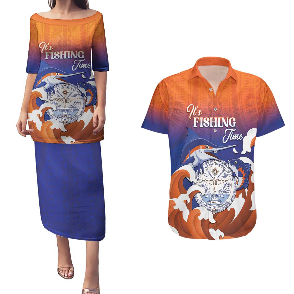 Marshall Islands Fishermen's Day Couples Matching Puletasi and Hawaiian Shirt It's Fishing Time LT05 Orange - Polynesian Pride