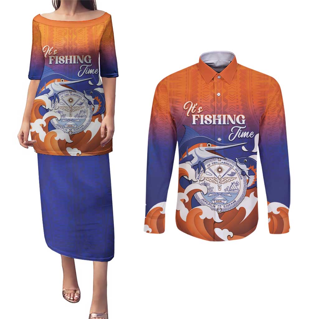 Marshall Islands Fishermen's Day Couples Matching Puletasi and Long Sleeve Button Shirt It's Fishing Time LT05 Orange - Polynesian Pride