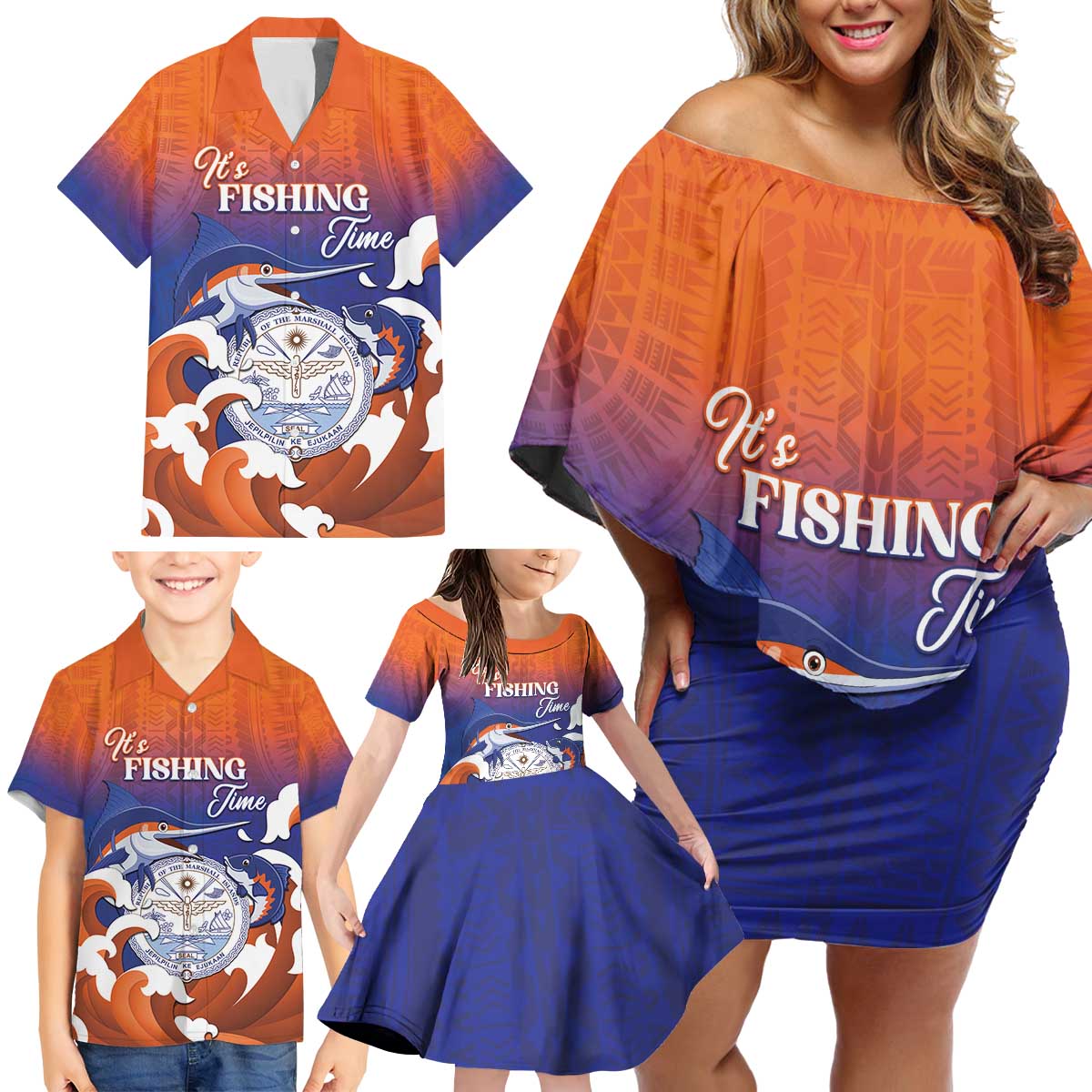 Marshall Islands Fishermen's Day Family Matching Off Shoulder Short Dress and Hawaiian Shirt It's Fishing Time LT05 - Polynesian Pride