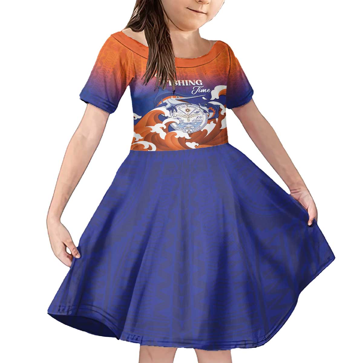 Marshall Islands Fishermen's Day Family Matching Puletasi and Hawaiian Shirt It's Fishing Time LT05 Daughter's Dress Orange - Polynesian Pride