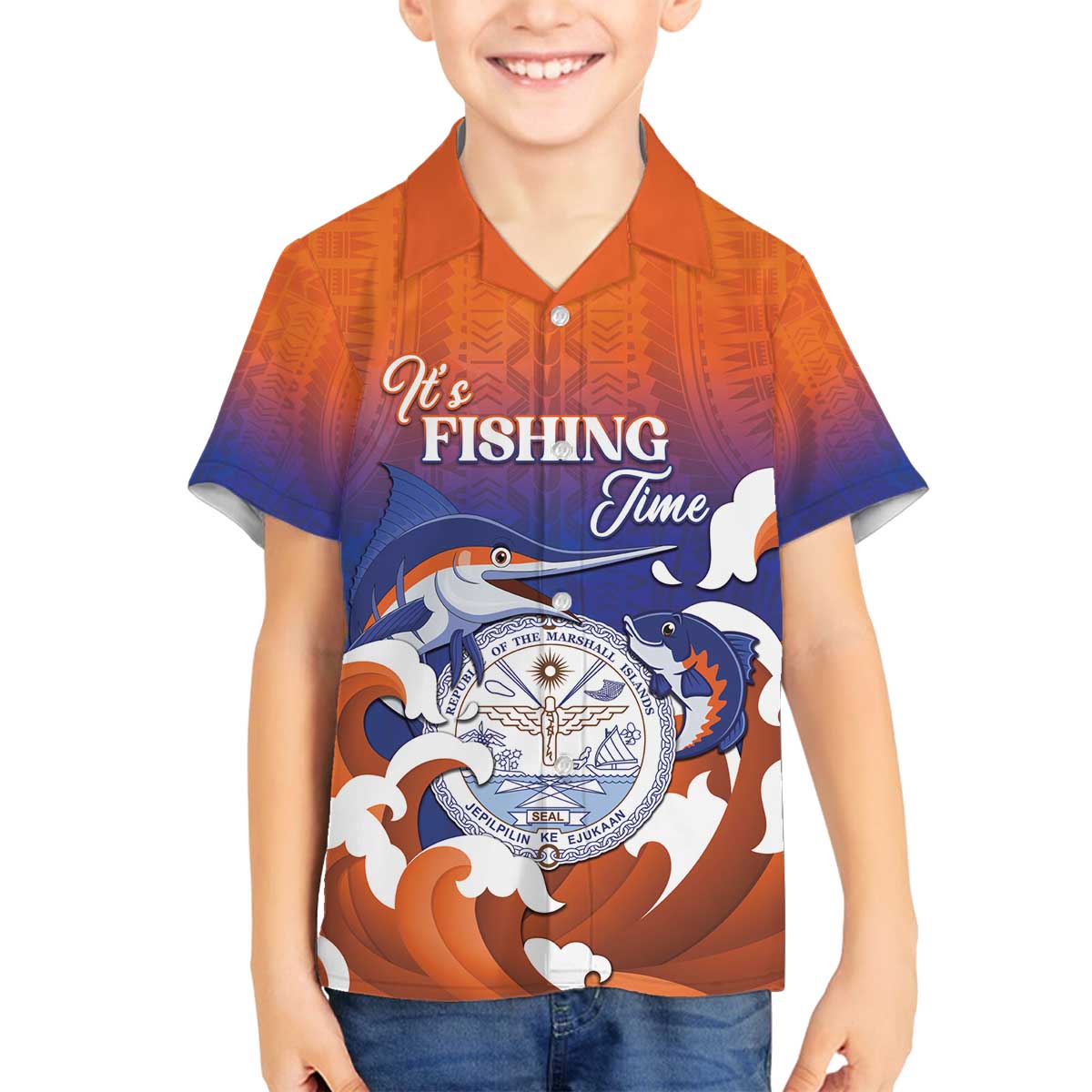 Marshall Islands Fishermen's Day Family Matching Puletasi and Hawaiian Shirt It's Fishing Time LT05 Son's Shirt Orange - Polynesian Pride