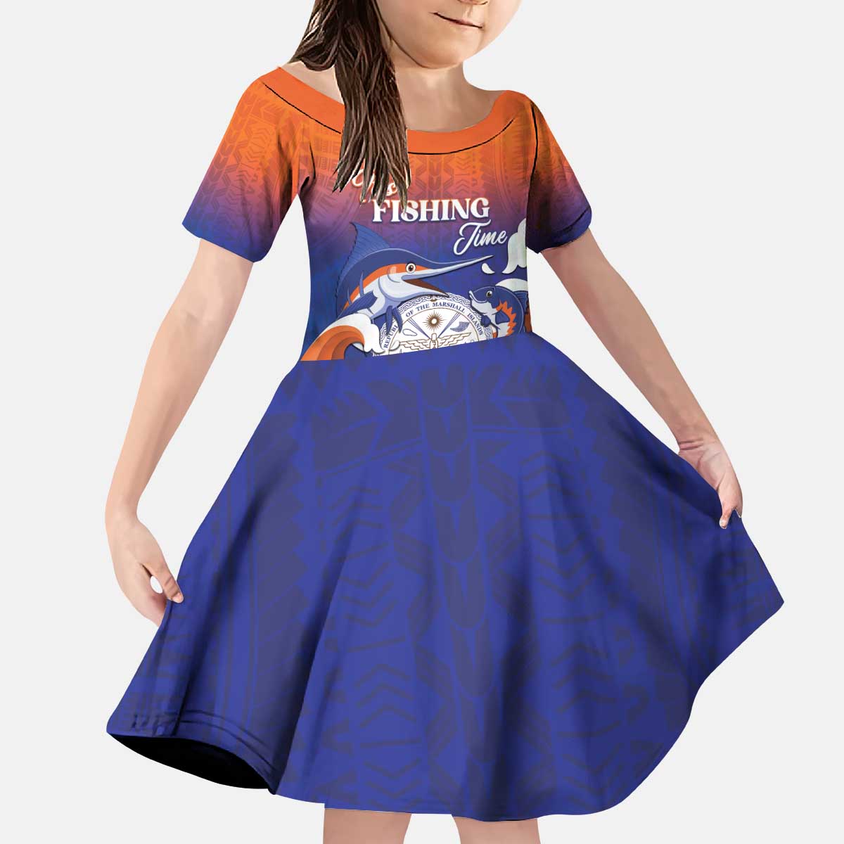Marshall Islands Fishermen's Day Kid Short Sleeve Dress It's Fishing Time LT05 KID Orange - Polynesian Pride