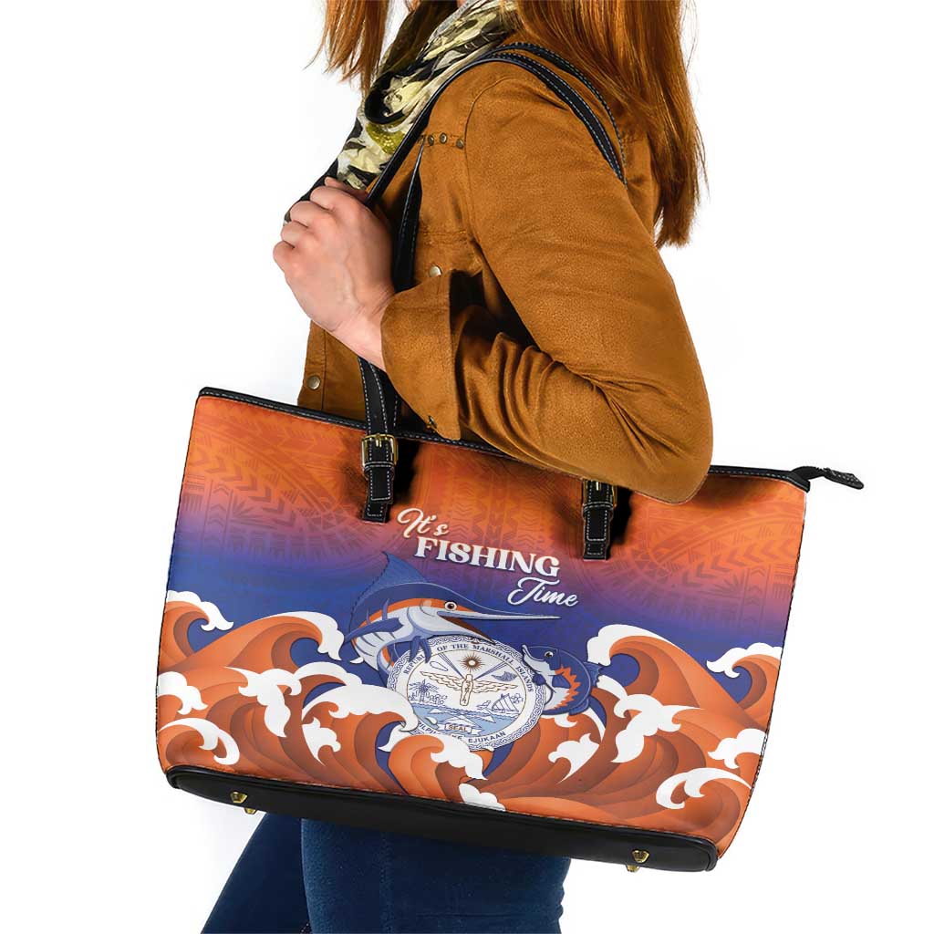 Marshall Islands Fishermen's Day Leather Tote Bag It's Fishing Time LT05 Orange - Polynesian Pride