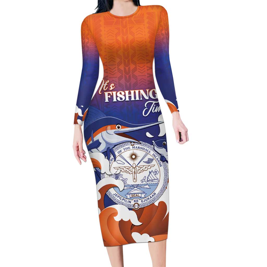 Marshall Islands Fishermen's Day Long Sleeve Bodycon Dress It's Fishing Time LT05 Long Dress Orange - Polynesian Pride