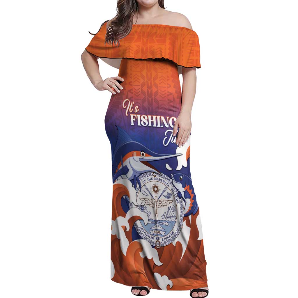 Marshall Islands Fishermen's Day Off Shoulder Maxi Dress It's Fishing Time LT05 Women Orange - Polynesian Pride