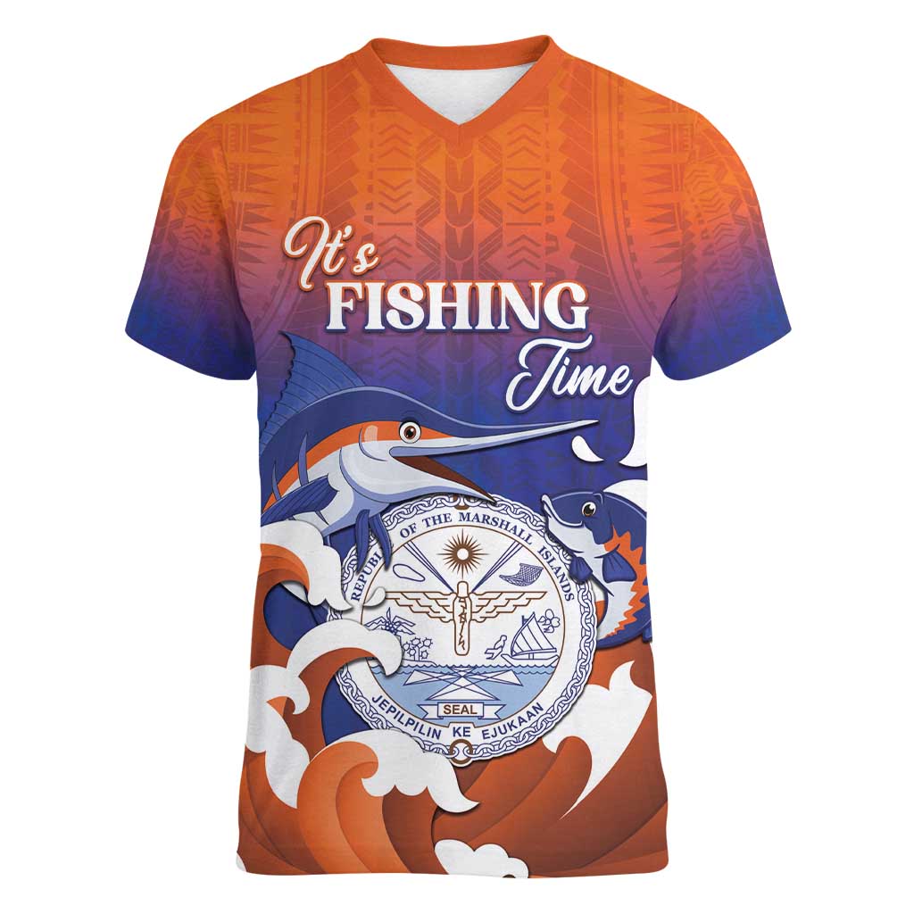 Marshall Islands Fishermen's Day Women V-Neck T-Shirt It's Fishing Time LT05 Female Orange - Polynesian Pride