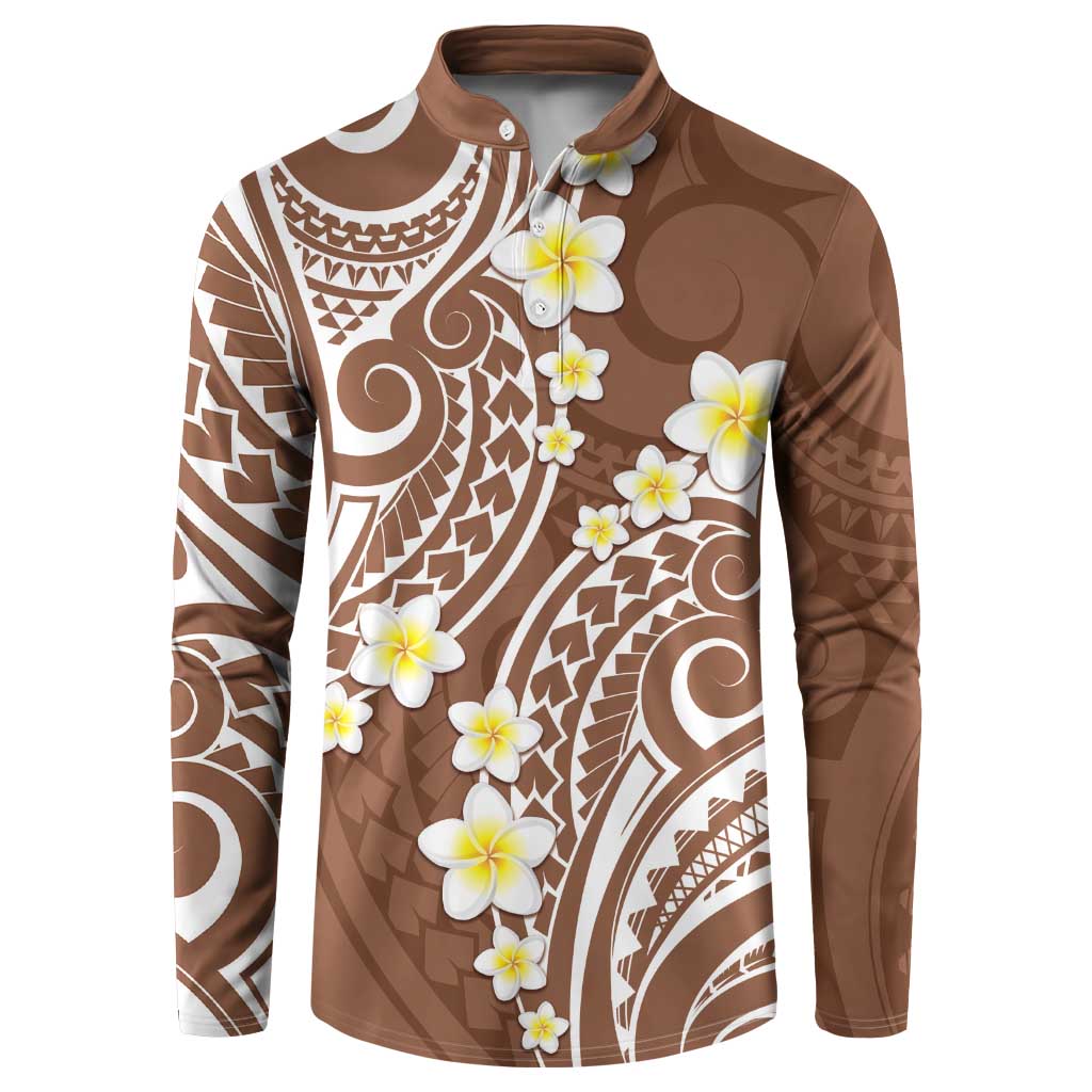 Plumeria With Brown Polynesian Tattoo Pattern Button Sweatshirt LT05 Brown - Polynesian Pride