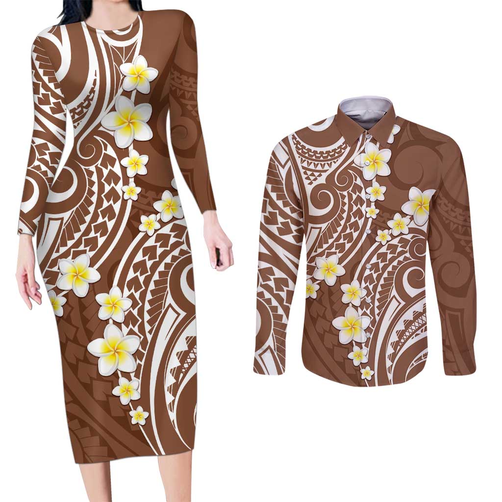 Plumeria With Brown Polynesian Tattoo Pattern Couples Matching Long Sleeve Bodycon Dress and Long Sleeve Button Shirt