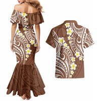 Plumeria With Brown Polynesian Tattoo Pattern Couples Matching Mermaid Dress and Hawaiian Shirt