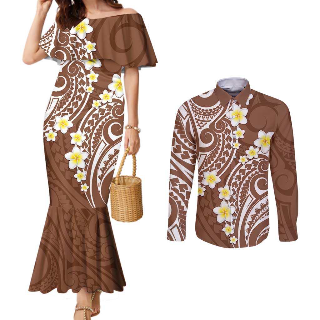 Plumeria With Brown Polynesian Tattoo Pattern Couples Matching Mermaid Dress and Long Sleeve Button Shirt