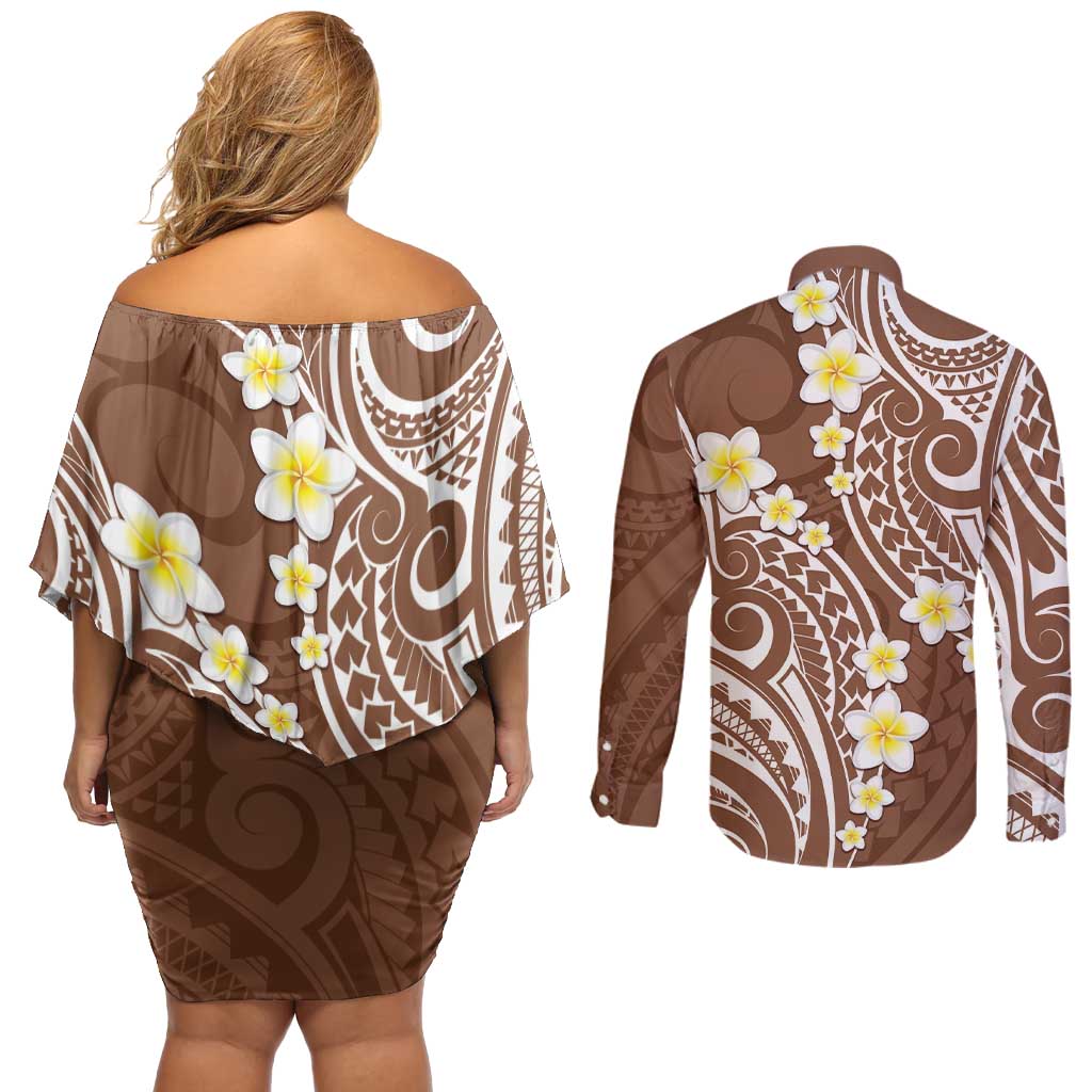 Plumeria With Brown Polynesian Tattoo Pattern Couples Matching Off Shoulder Short Dress and Long Sleeve Button Shirt