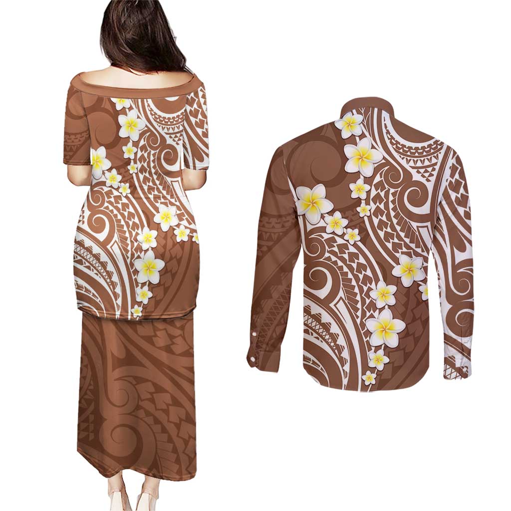 Plumeria With Brown Polynesian Tattoo Pattern Couples Matching Puletasi and Long Sleeve Button Shirt
