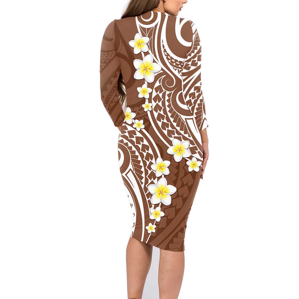 Plumeria With Brown Polynesian Tattoo Pattern Family Matching Long Sleeve Bodycon Dress and Hawaiian Shirt