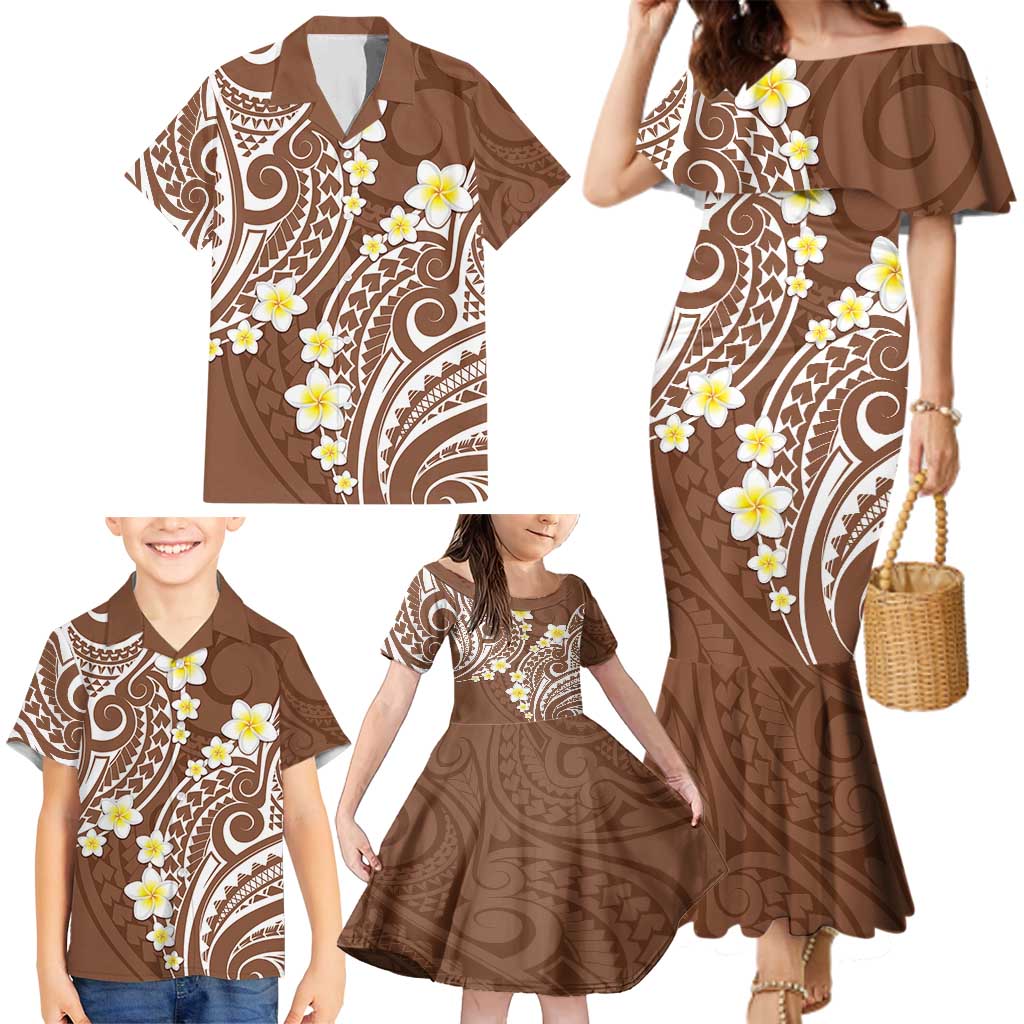 Plumeria With Brown Polynesian Tattoo Pattern Family Matching Mermaid Dress and Hawaiian Shirt LT05 - Polynesian Pride