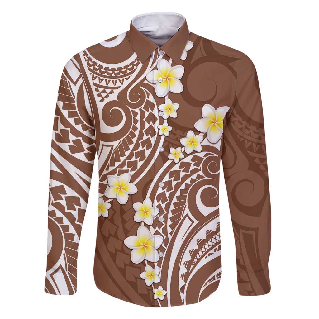 Plumeria With Brown Polynesian Tattoo Pattern Family Matching Mermaid Dress and Hawaiian Shirt LT05 Dad's Shirt - Long Sleeve Brown - Polynesian Pride