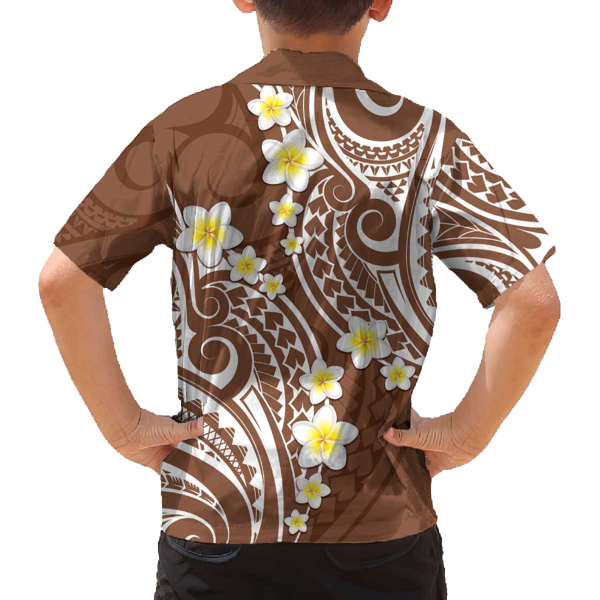 Plumeria With Brown Polynesian Tattoo Pattern Family Matching Off Shoulder Short Dress and Hawaiian Shirt LT05 - Polynesian Pride