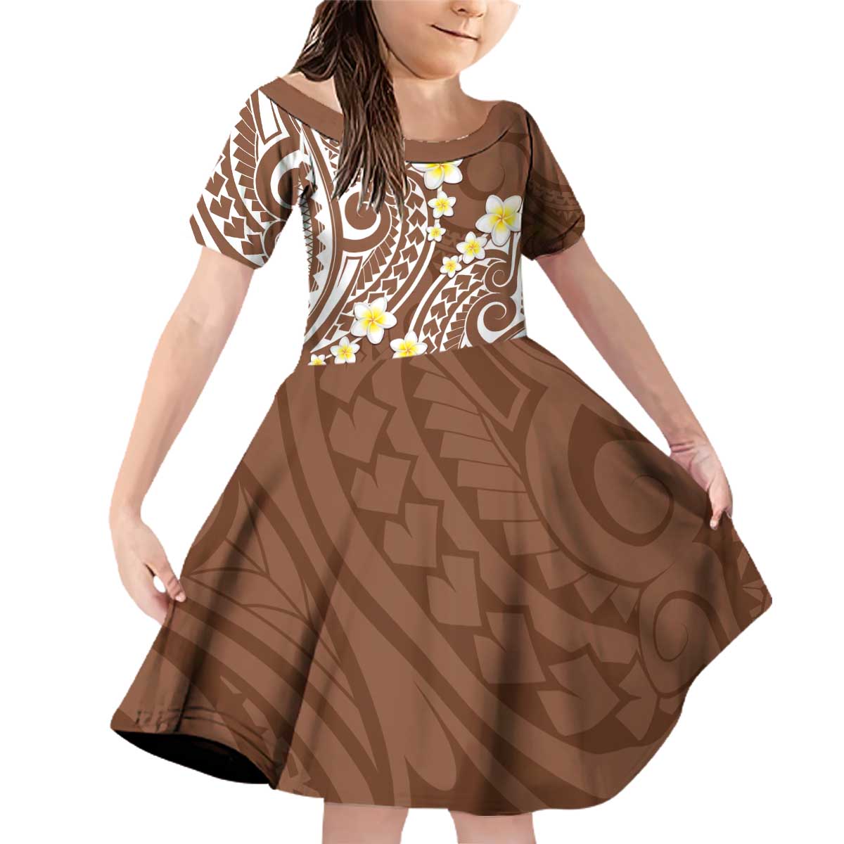 Plumeria With Brown Polynesian Tattoo Pattern Family Matching Off Shoulder Short Dress and Hawaiian Shirt LT05 Daughter's Dress Brown - Polynesian Pride