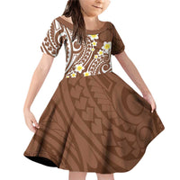 Plumeria With Brown Polynesian Tattoo Pattern Family Matching Off Shoulder Short Dress and Hawaiian Shirt LT05 Daughter's Dress Brown - Polynesian Pride