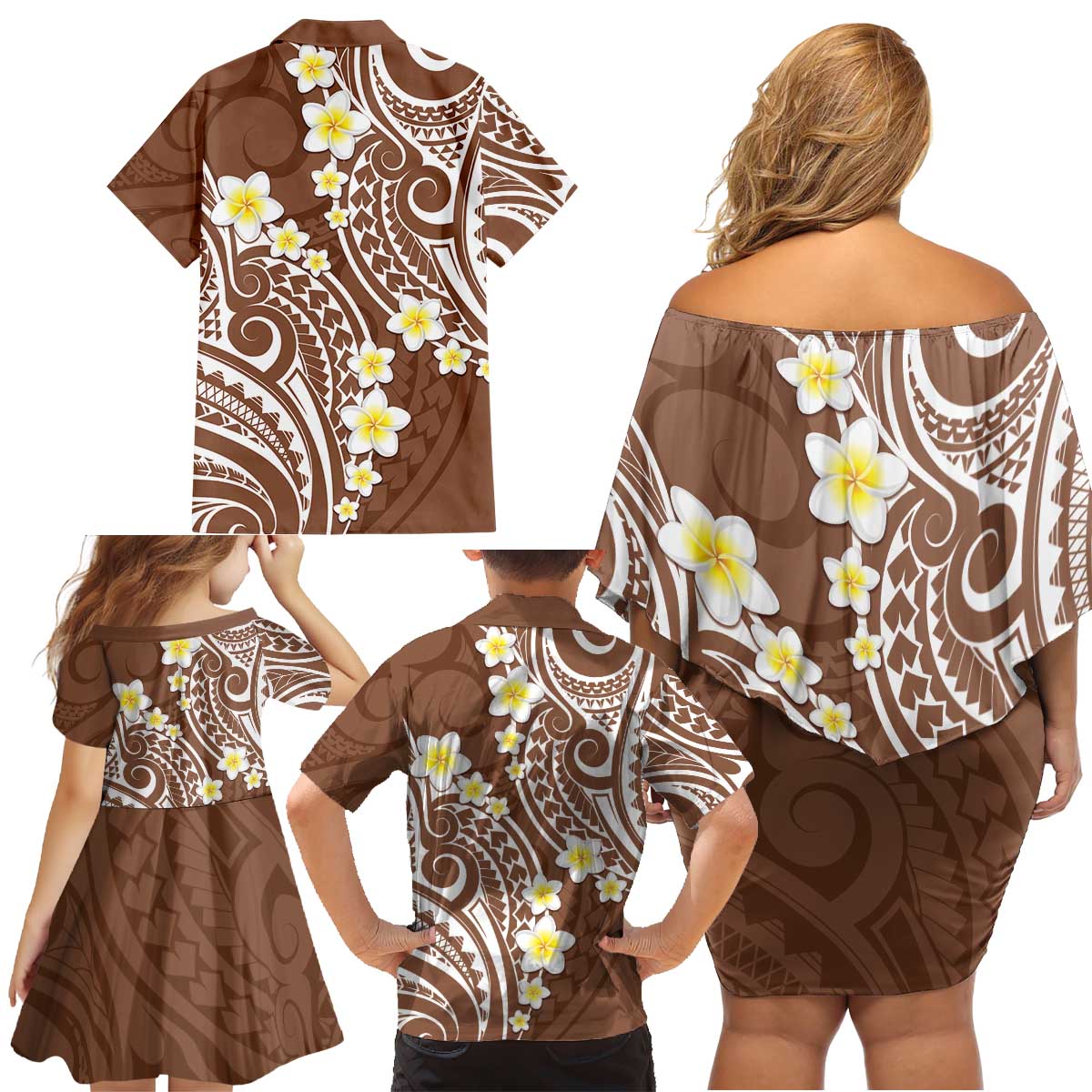 Plumeria With Brown Polynesian Tattoo Pattern Family Matching Off Shoulder Short Dress and Hawaiian Shirt LT05 - Polynesian Pride