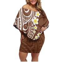 Plumeria With Brown Polynesian Tattoo Pattern Family Matching Off Shoulder Short Dress and Hawaiian Shirt LT05 Mom's Dress Brown - Polynesian Pride