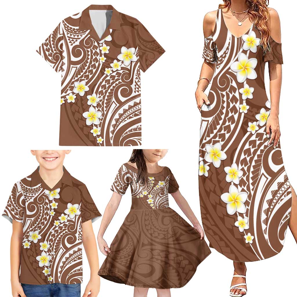 Plumeria With Brown Polynesian Tattoo Pattern Family Matching Summer Maxi Dress and Hawaiian Shirt LT05 - Polynesian Pride