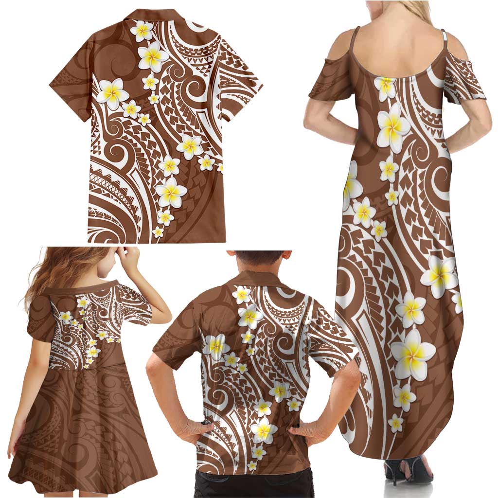 Plumeria With Brown Polynesian Tattoo Pattern Family Matching Summer Maxi Dress and Hawaiian Shirt LT05 - Polynesian Pride