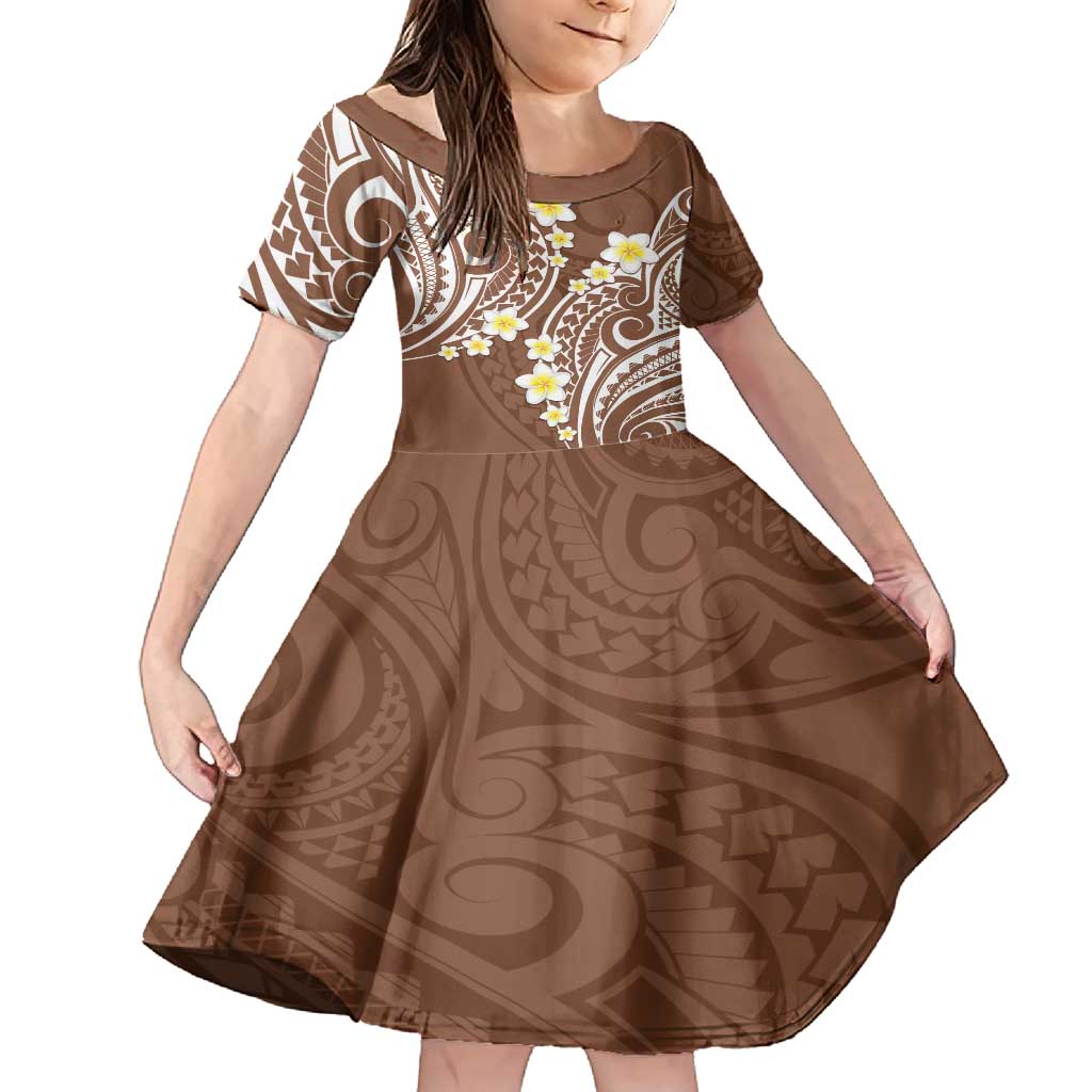 Plumeria With Brown Polynesian Tattoo Pattern Family Matching Tank Maxi Dress and Hawaiian Shirt LT05 Daughter's Dress Brown - Polynesian Pride