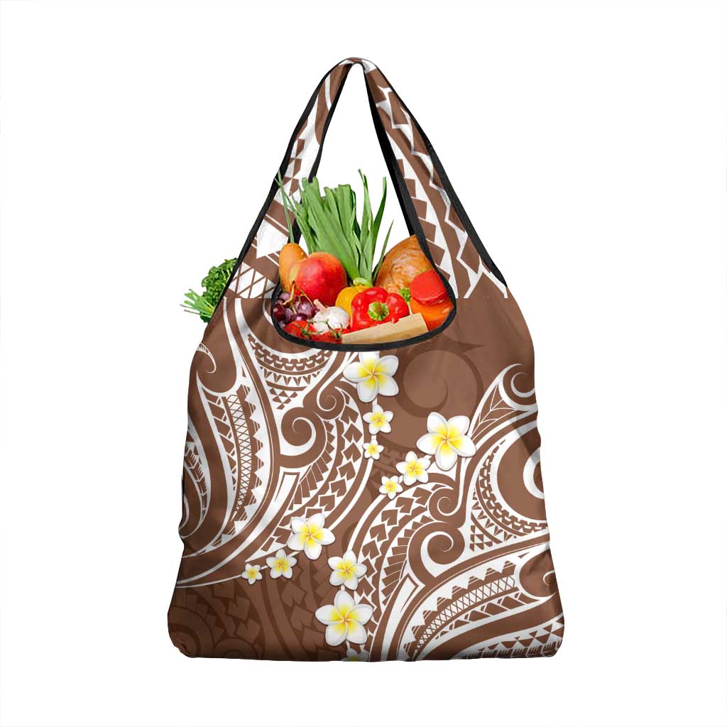Plumeria With Brown Polynesian Tattoo Pattern Grocery Bag