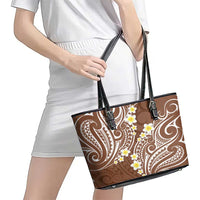 Plumeria With Brown Polynesian Tattoo Pattern Leather Tote Bag LT05 - Polynesian Pride