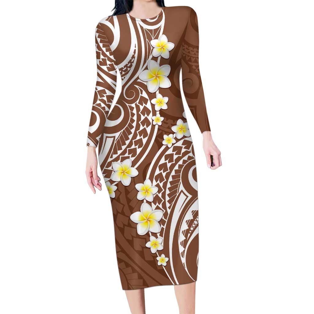 Plumeria With Brown Polynesian Tattoo Pattern Long Sleeve Bodycon Dress LT05 Long Dress Brown - Polynesian Pride