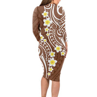 Plumeria With Brown Polynesian Tattoo Pattern Long Sleeve Bodycon Dress LT05 - Polynesian Pride