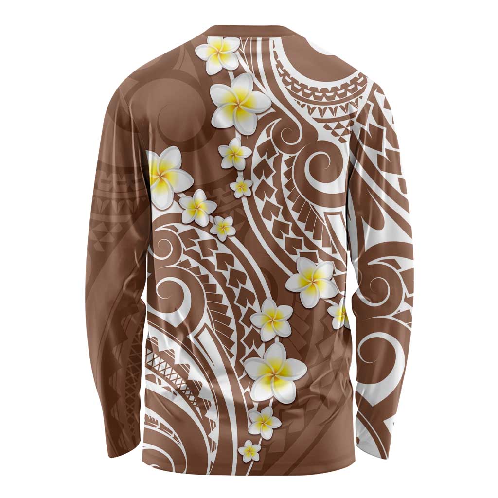 Plumeria With Brown Polynesian Tattoo Pattern Long Sleeve Shirt LT05 - Polynesian Pride