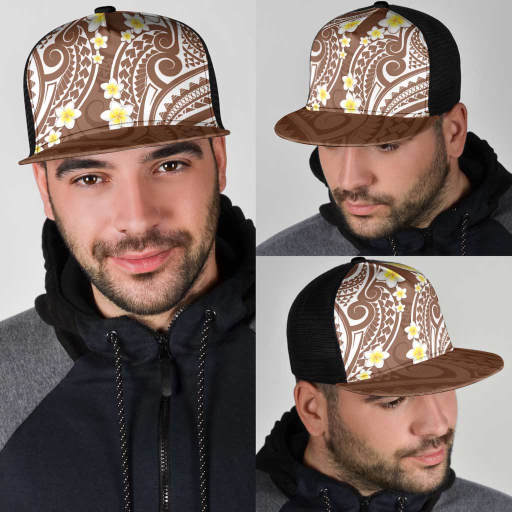 Plumeria With Brown Polynesian Tattoo Pattern Mesh Trucker Cap - Polynesian Pride