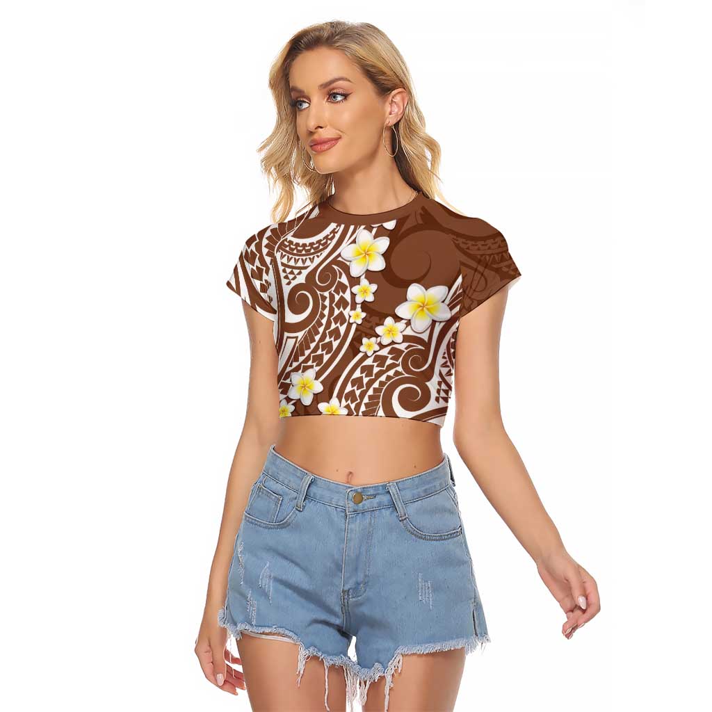 Plumeria With Brown Polynesian Tattoo Pattern Raglan Cropped T Shirt LT05 Female Brown - Polynesian Pride