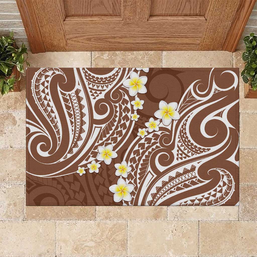 Plumeria With Brown Polynesian Tattoo Pattern Rubber Doormat