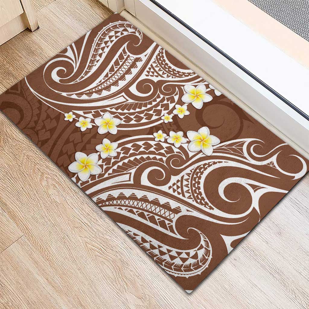 Plumeria With Brown Polynesian Tattoo Pattern Rubber Doormat