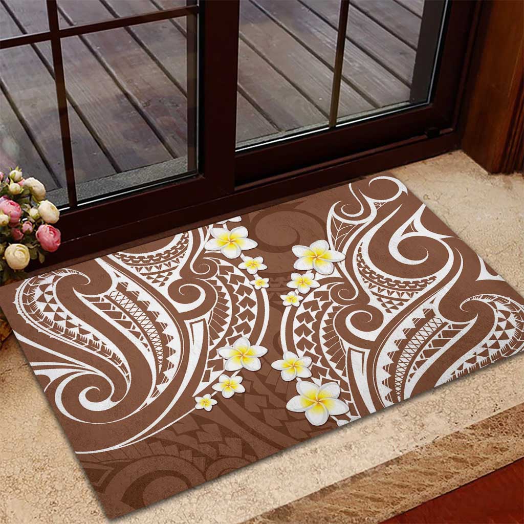 Plumeria With Brown Polynesian Tattoo Pattern Rubber Doormat